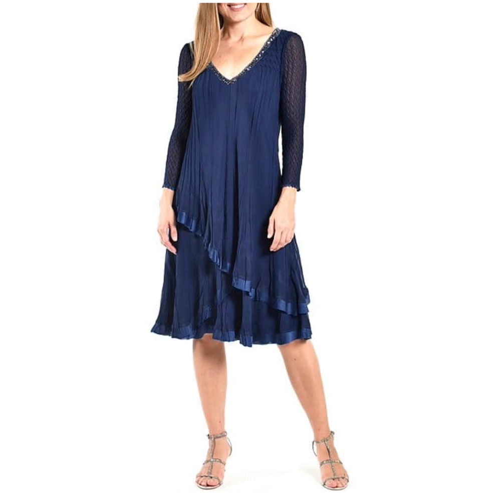 NEW Komarov Beaded V-Neck 3/4 Sleeve Chiffon Charmeuse Trim Dress, Small
